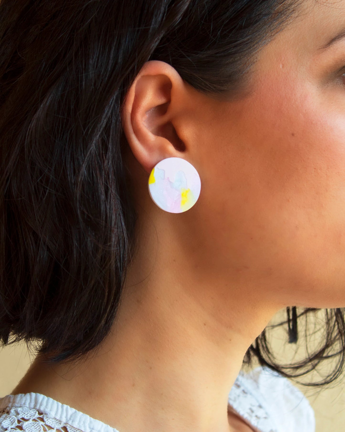 Model with Pink watercolor clay earrings handmade