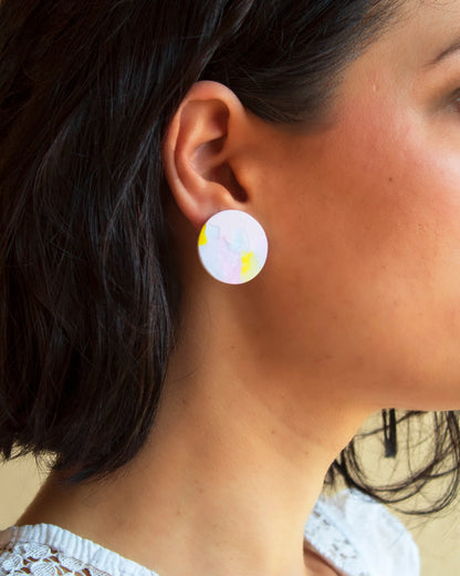 Model with Pink watercolor clay earrings handmade