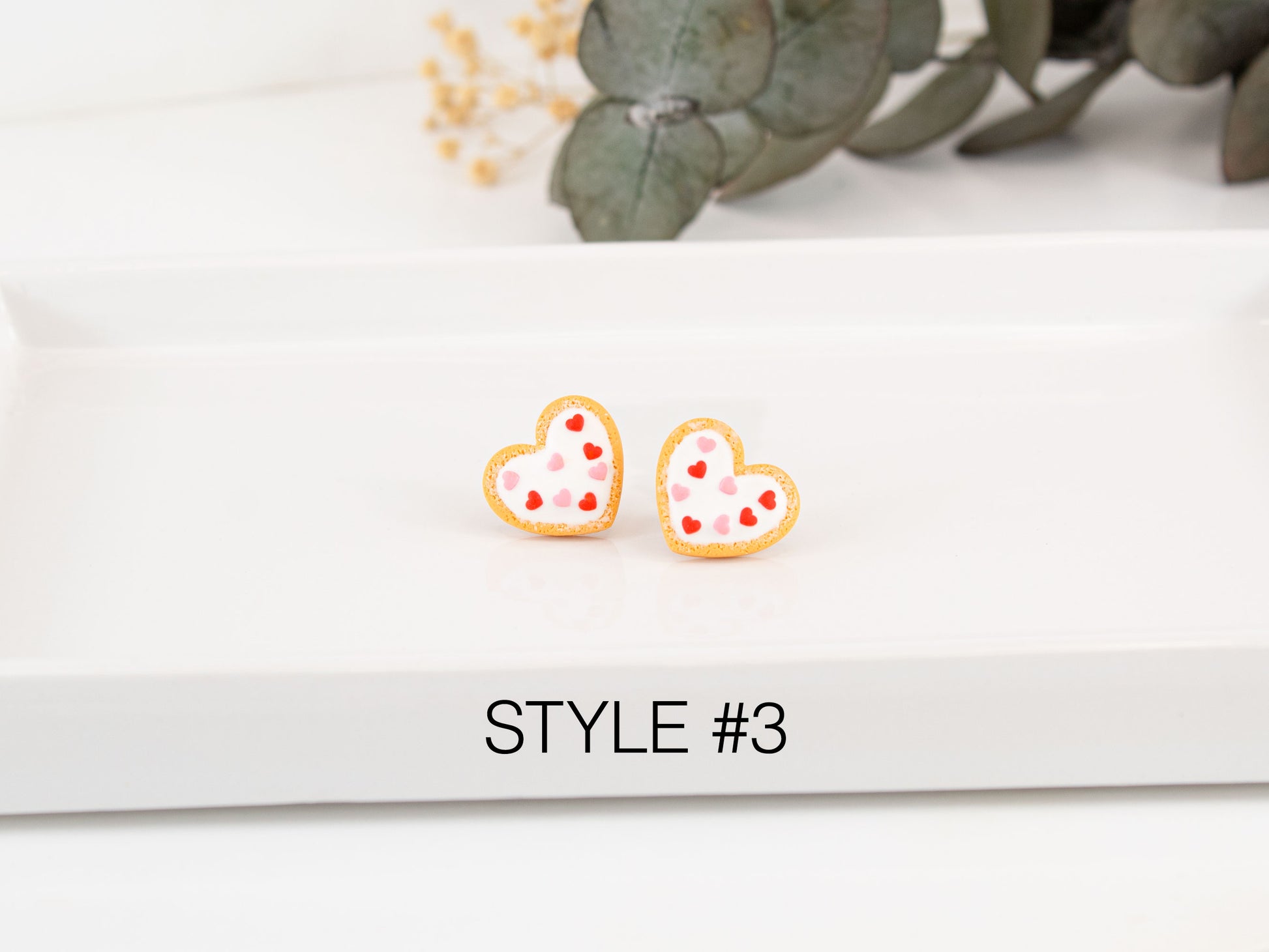 Heart cookie stud earrings with tiny heart sprinkles, handmade sweet jewelry for dessert lovers