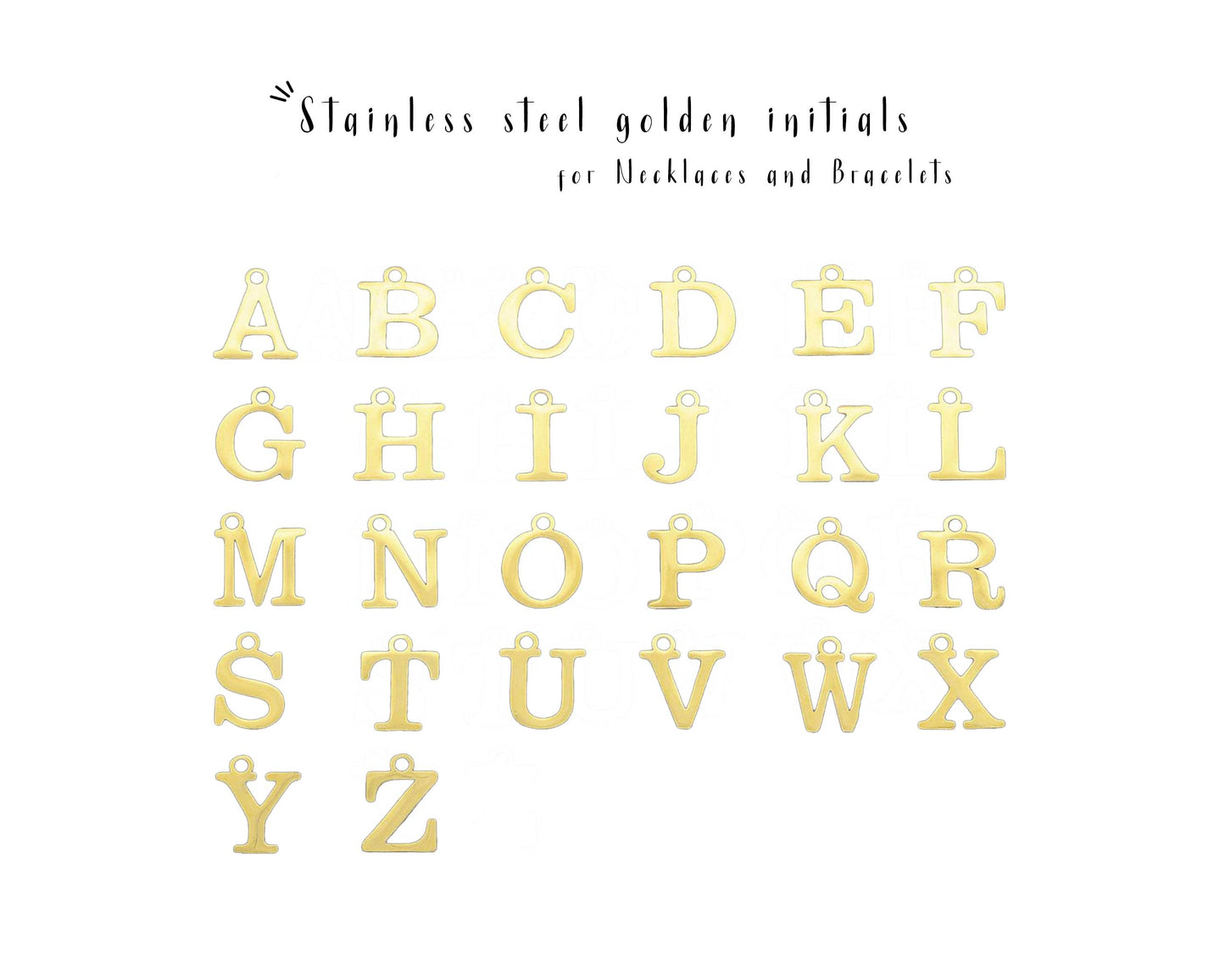 Golden stainless steel initial charms for personalized necklaces, compatible with handmade interchangeable charm systems