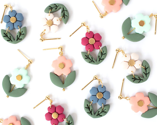 Multiple statement flower beaded earrings, assorted colors, handmade with 18K gold plated posts.