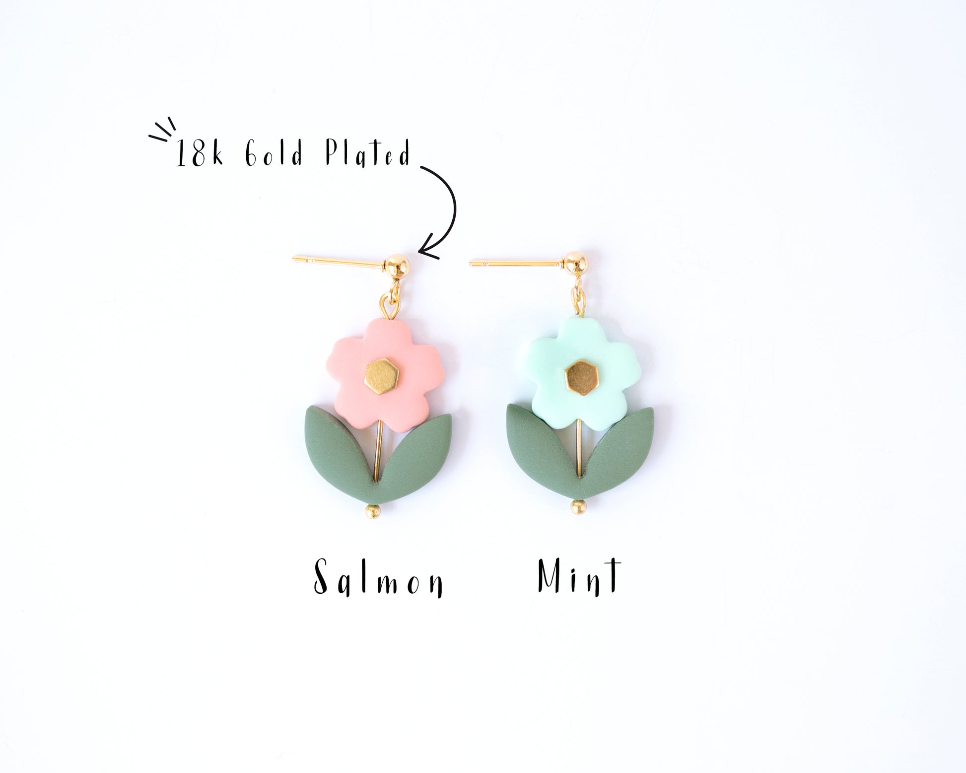 tatement flower beaded earrings in salmon and mint colors, handmade with 18K gold plated posts.