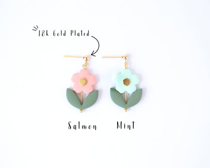 tatement flower beaded earrings in salmon and mint colors, handmade with 18K gold plated posts.