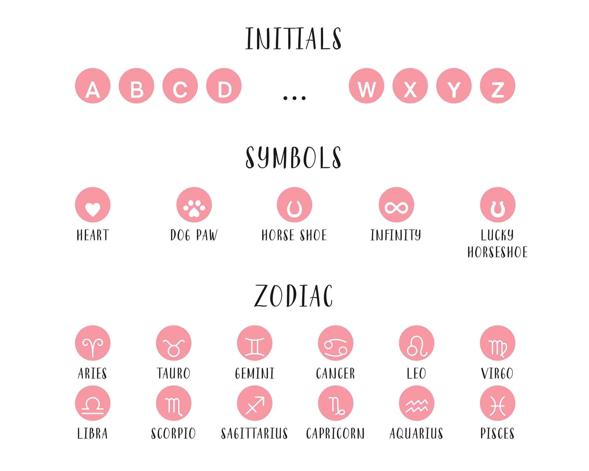 Symbols and initials options for personalized heart charm necklaces