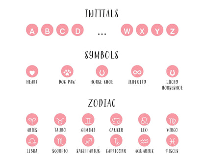 Symbols and initials options for personalized heart charm necklaces