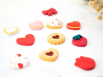 Valentinstag-Herzohrstecker-Set | Keks, Schleife, Tulpe, Erdbeere
