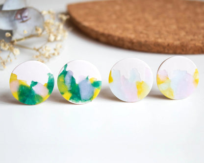 Watercolor large stud earrings with abstract color design in green or pink. Handmade hypoallergenic earrings with a lightweight and comfortable feel.