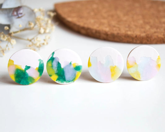 Watercolor large stud earrings with abstract color design in green or pink. Handmade hypoallergenic earrings with a lightweight and comfortable feel.